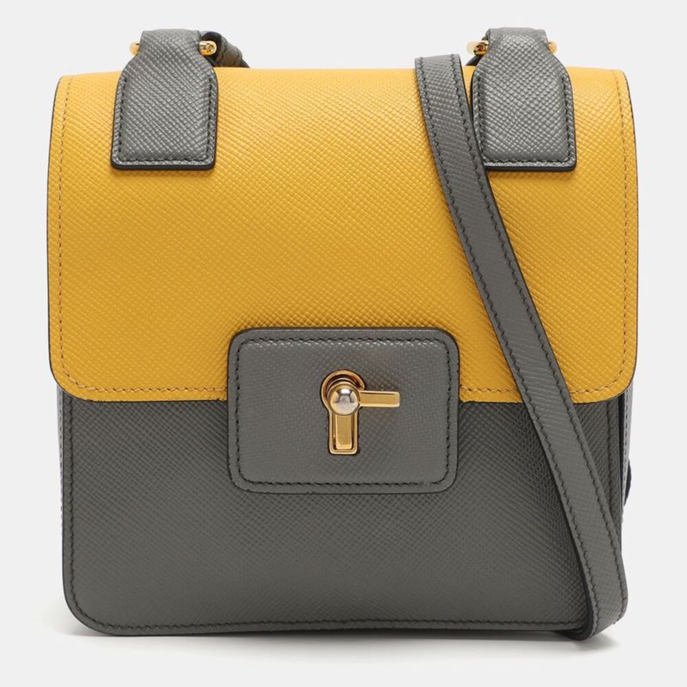 Prada Grey/yellow Saffiano Leather Flap Crossbody Bag